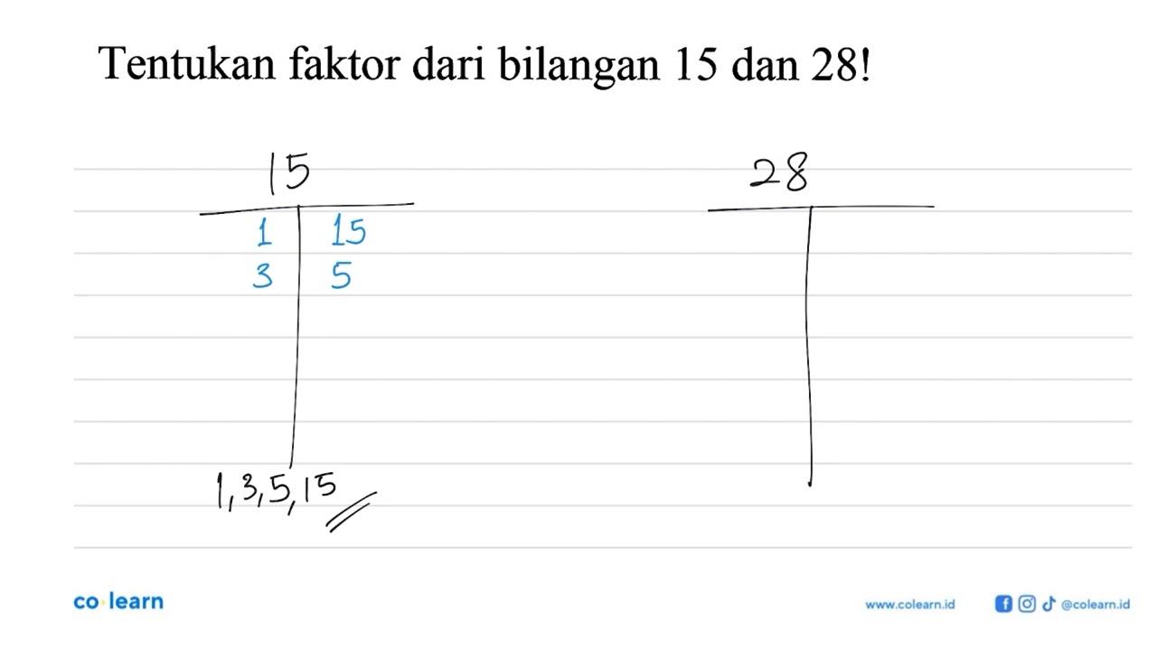 Tentukan faktor dari bilangan 15 dan 28!