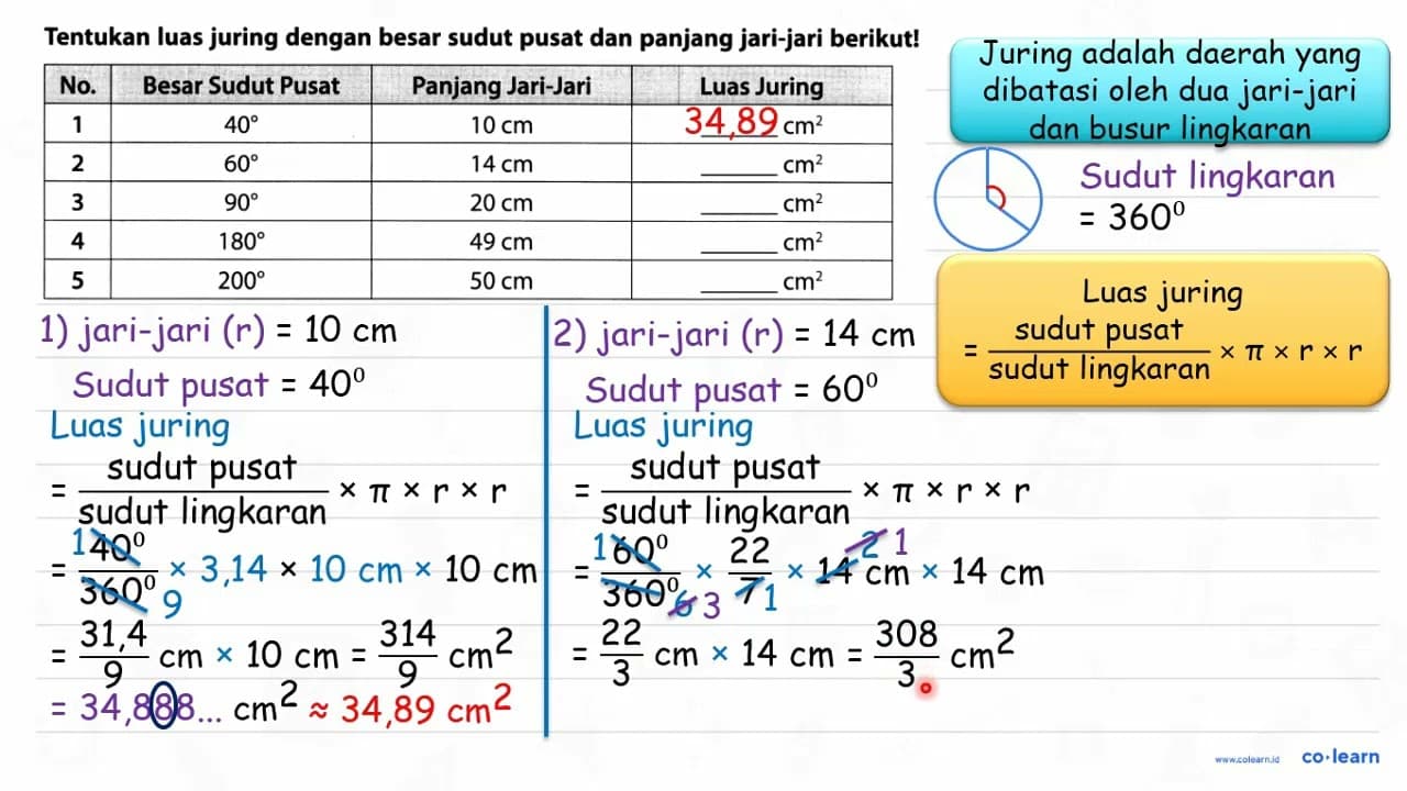 Tentukan luas juring dengan besar sudut pusat dan panjang