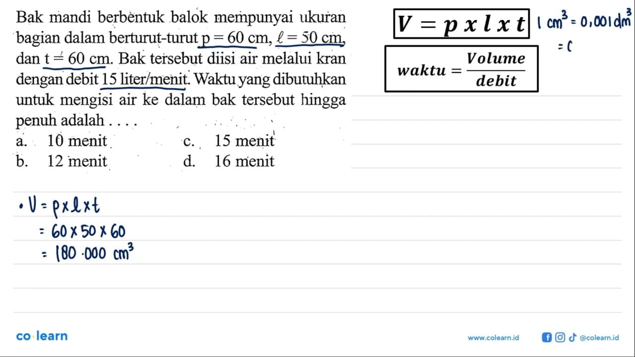 Bak mandi berbèntuk balok mempunyai ukuran bagian dalam