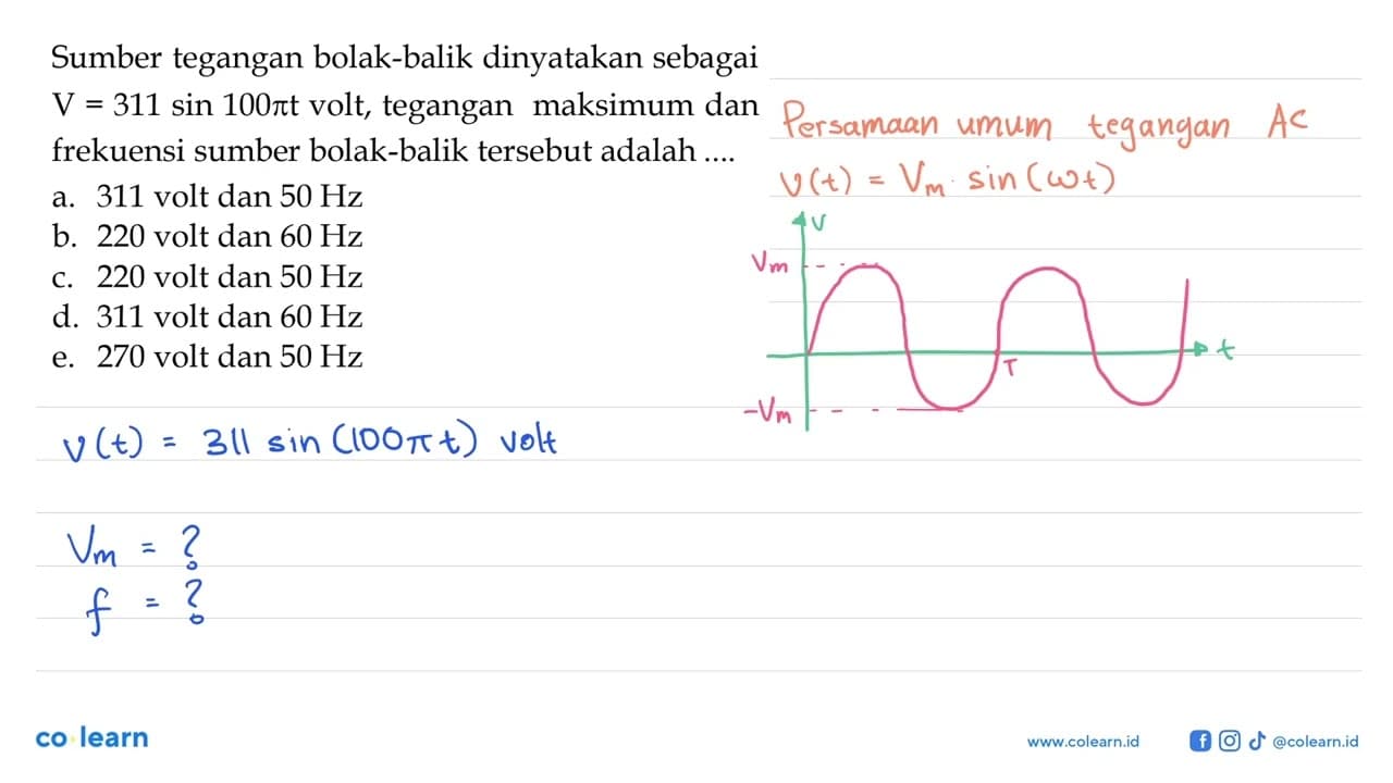 Sumber tegangan bolak-balik dinyatakan sebagai V=311 sin