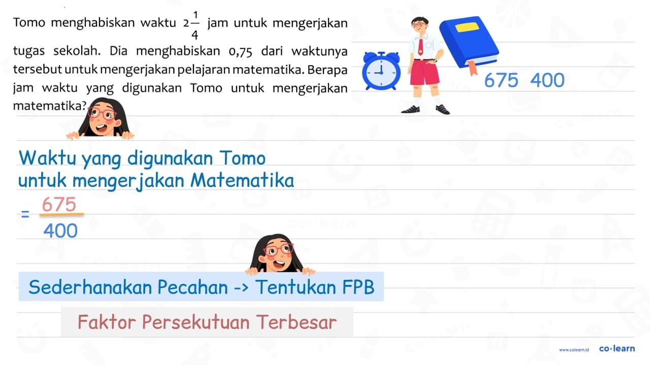 Tomo menghabiskan waktu 2 1/4 jam untuk mengerjakan tugas