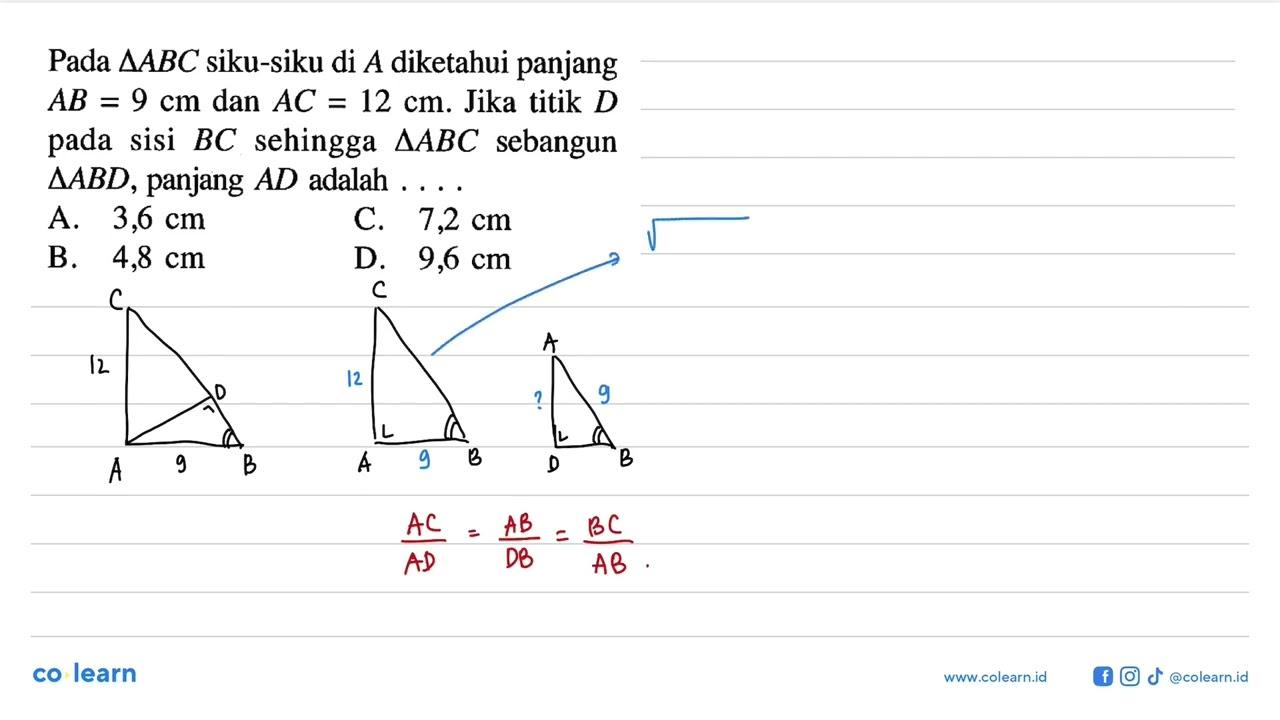 Pada segitiga ABC siku-siku di A diketahui panjang AB=9 cm