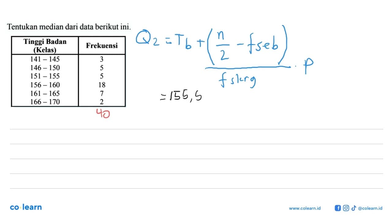 Tentukan median dari data berikut ini. Tinggi Badan (Kelas)