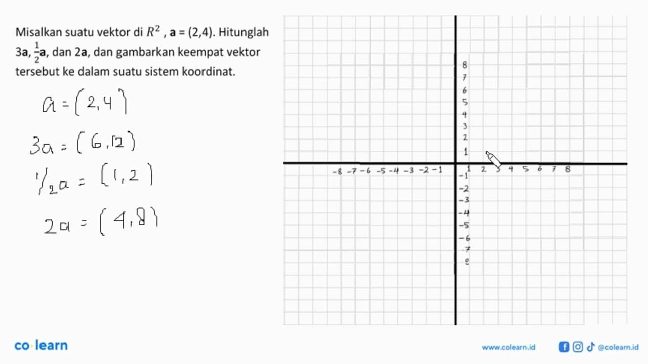 Misalkan suatu vektor di R^2, a = (2, 4). Hitunglah 3a, 1/2