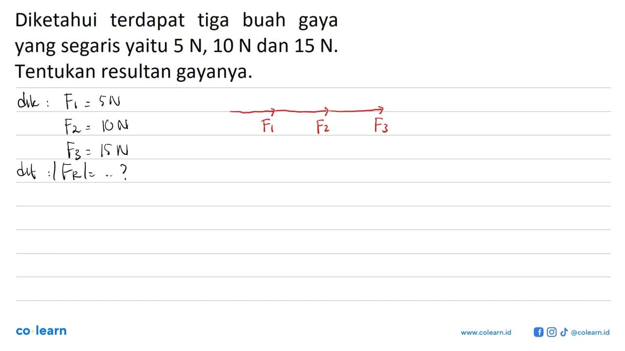 Diketahui terdapat tiga buah gaya yang segaris yaitu 5 N,