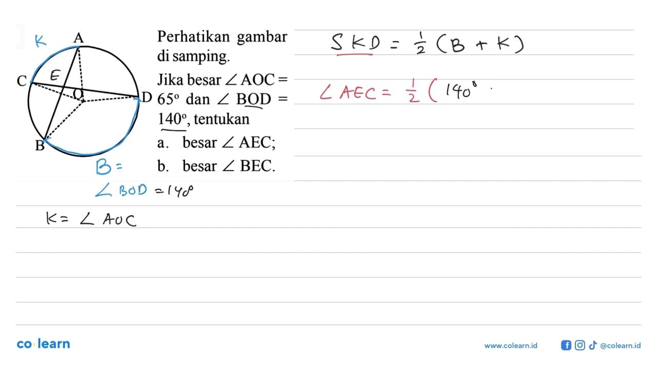 Perhatikan gambar di samping. Jika besasr sudut AOC = 65