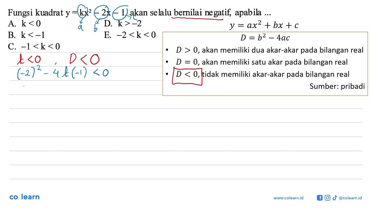 Fungsi kuadrat y=kx^2-2x-1 akan selalu bernilai negatif,