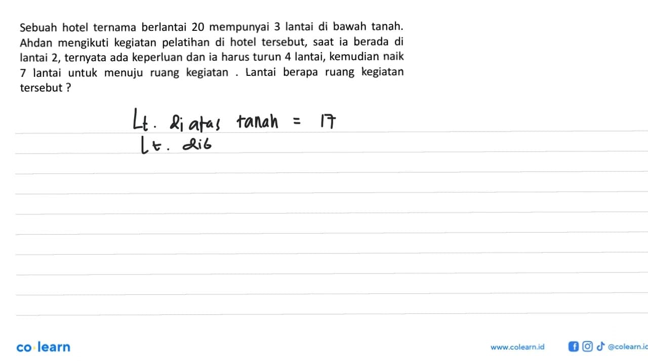 Sebuah hotel ternama berlantai 20 mempunyai 3 lantai di