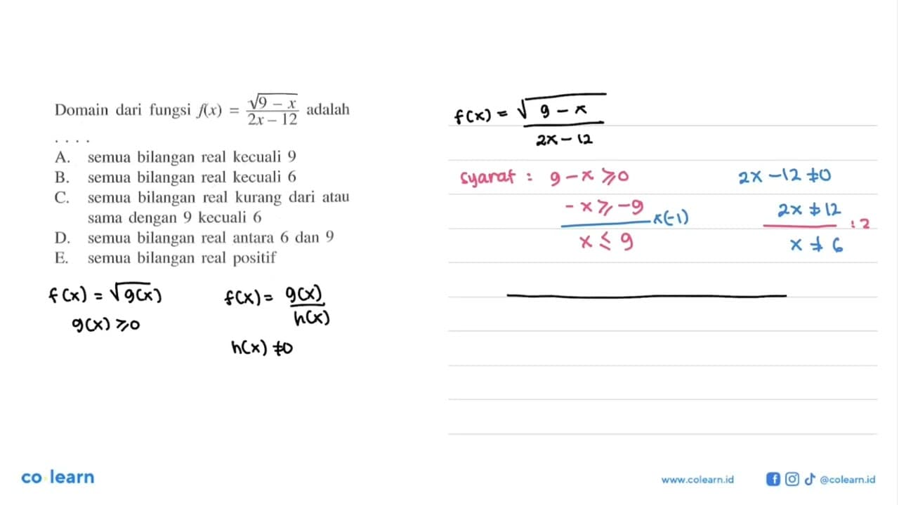 Domain dari fungsi f(x)=akar(9-x)/(2x-12) adalah