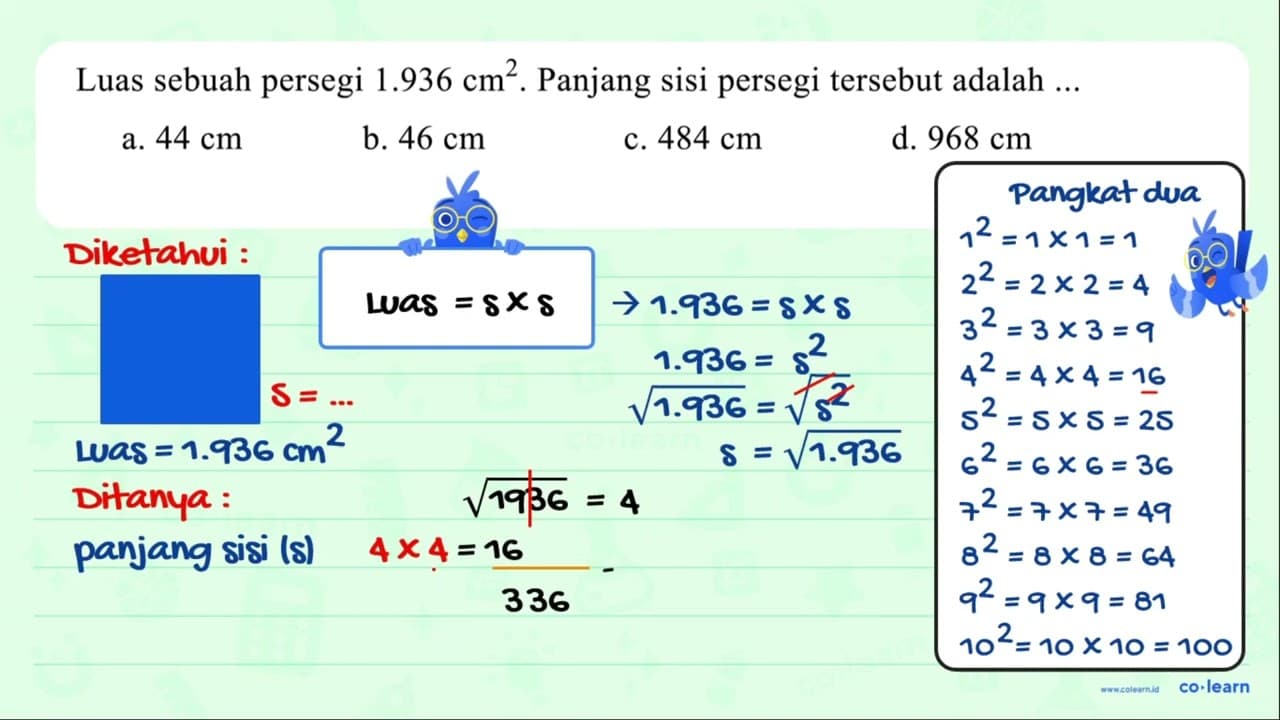 Luas sebuah persegi 1.936 cm^(2) . Panjang sisi persegi