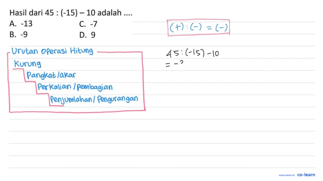 Hasil dari 45:(-15)-10 adalah ....