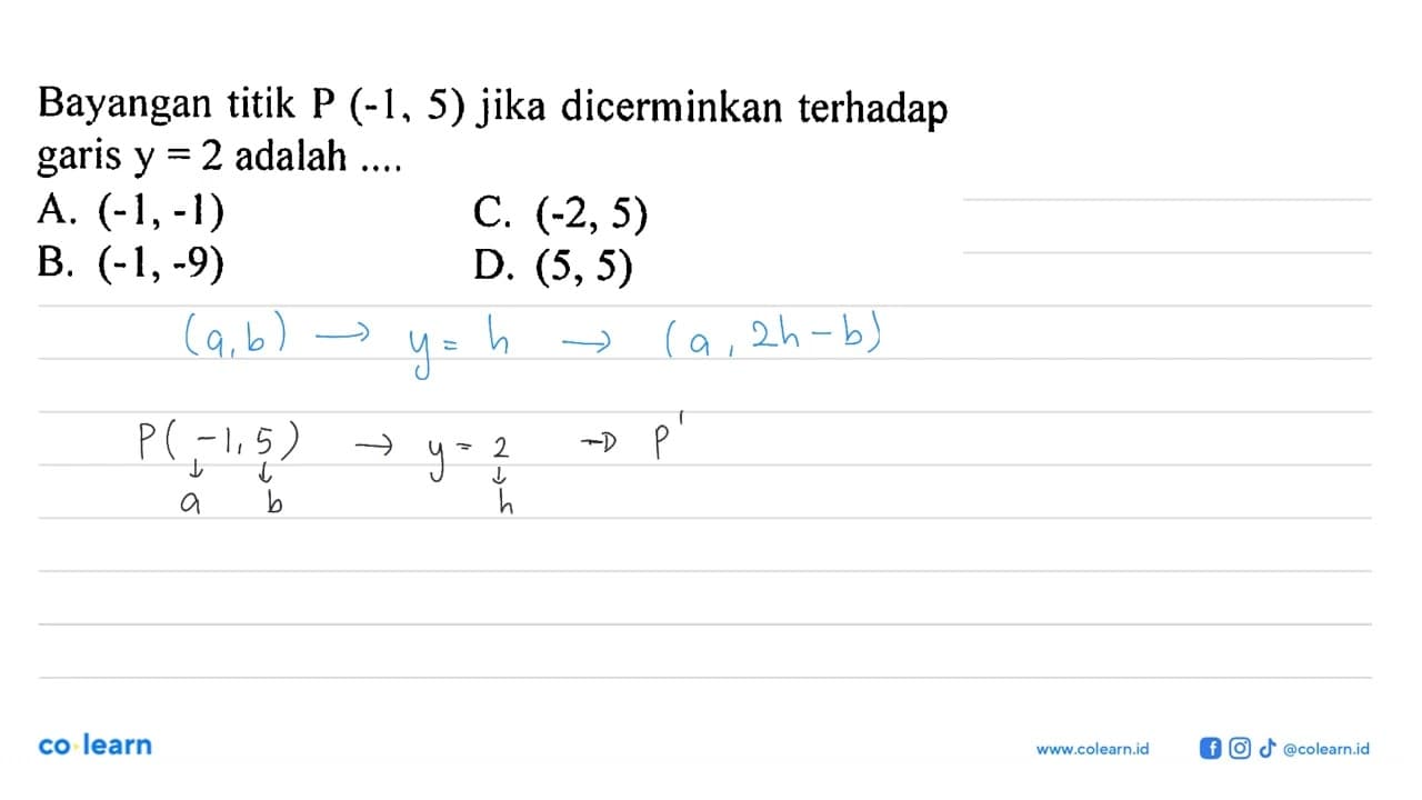 Bayangan titik P(-1,5) jika dicerminkan terhadap garis y=2