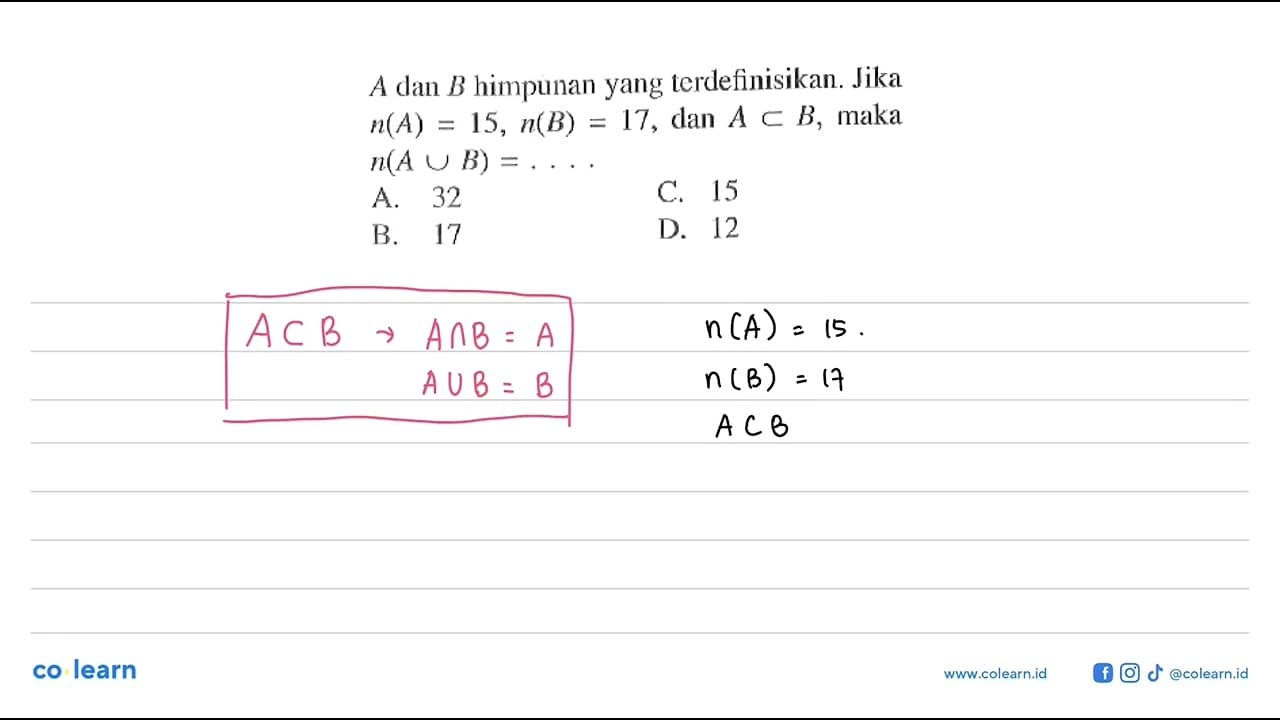 A dan B himpunan yang terdefinisikan. Jika n(A) = 15, n(B)