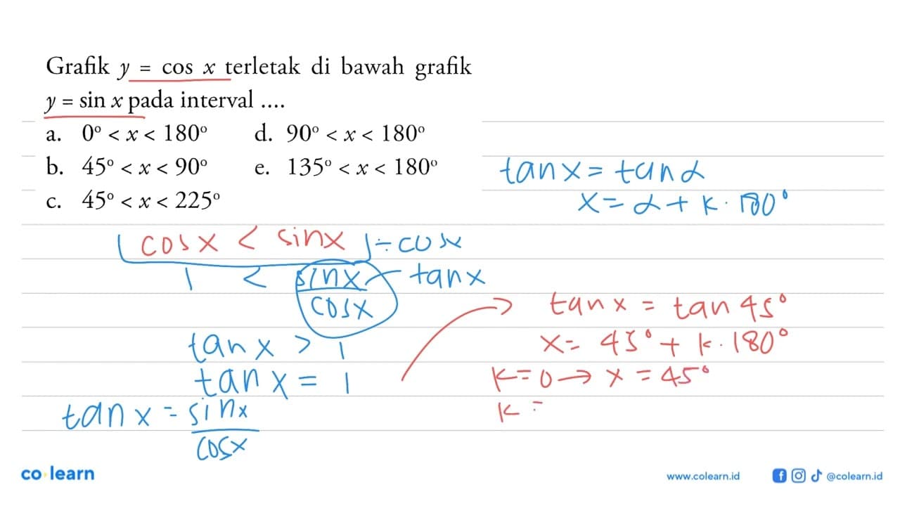 Grafik y=cos x terletak di bawah grafik y=sin x pada