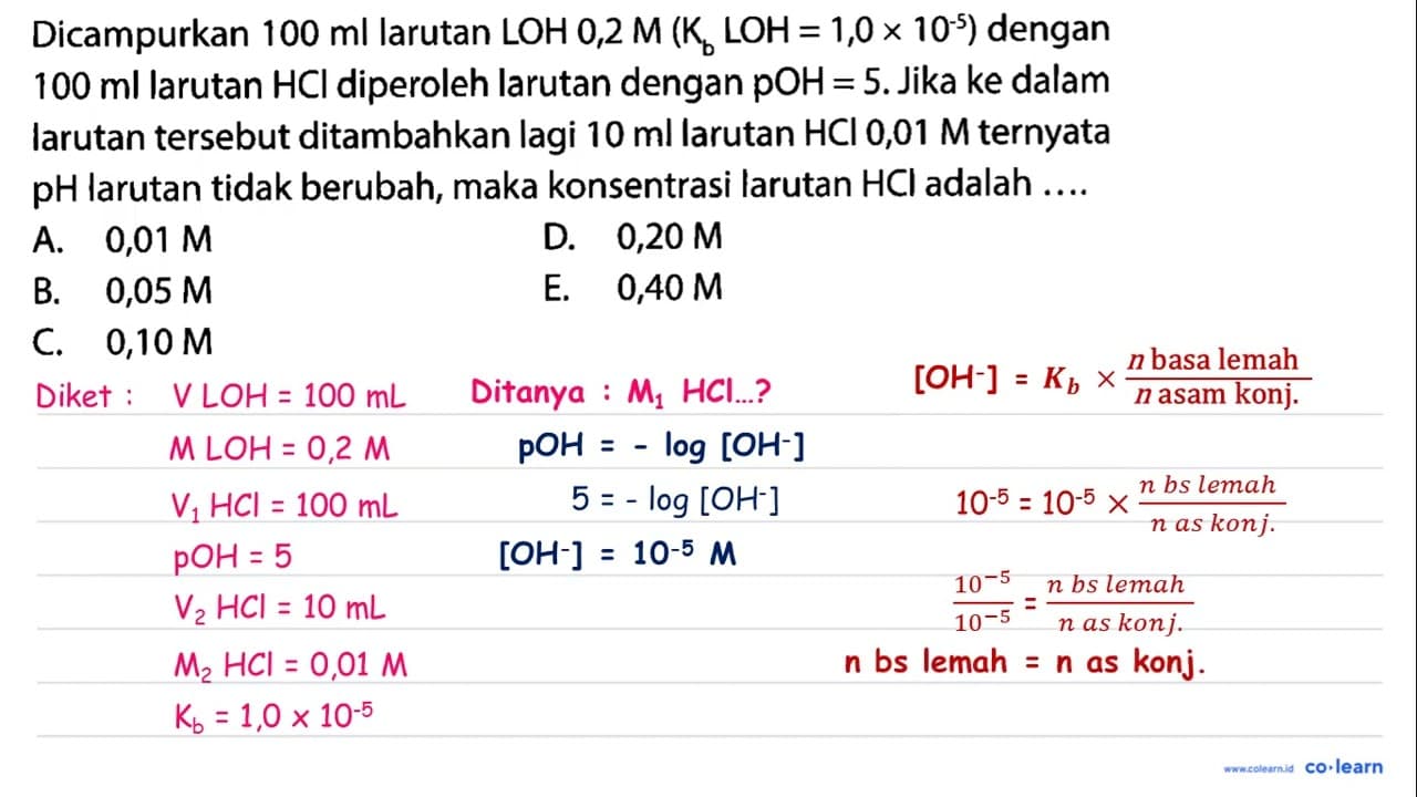 Dicampurkan 100 ml larutan LOH 0,2 M(K_(b) LOH=1,0 x