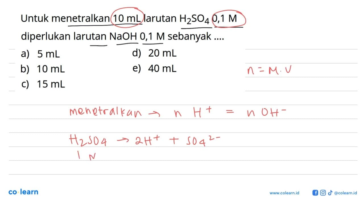 Untuk menetralkan 10 mL larutan H2SO4 0,1 M diperlukan