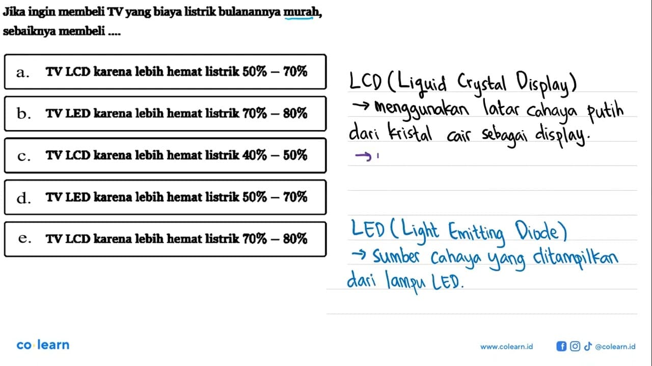 Jika ingin membeli TV yang biaya listrik bulanannya murah,