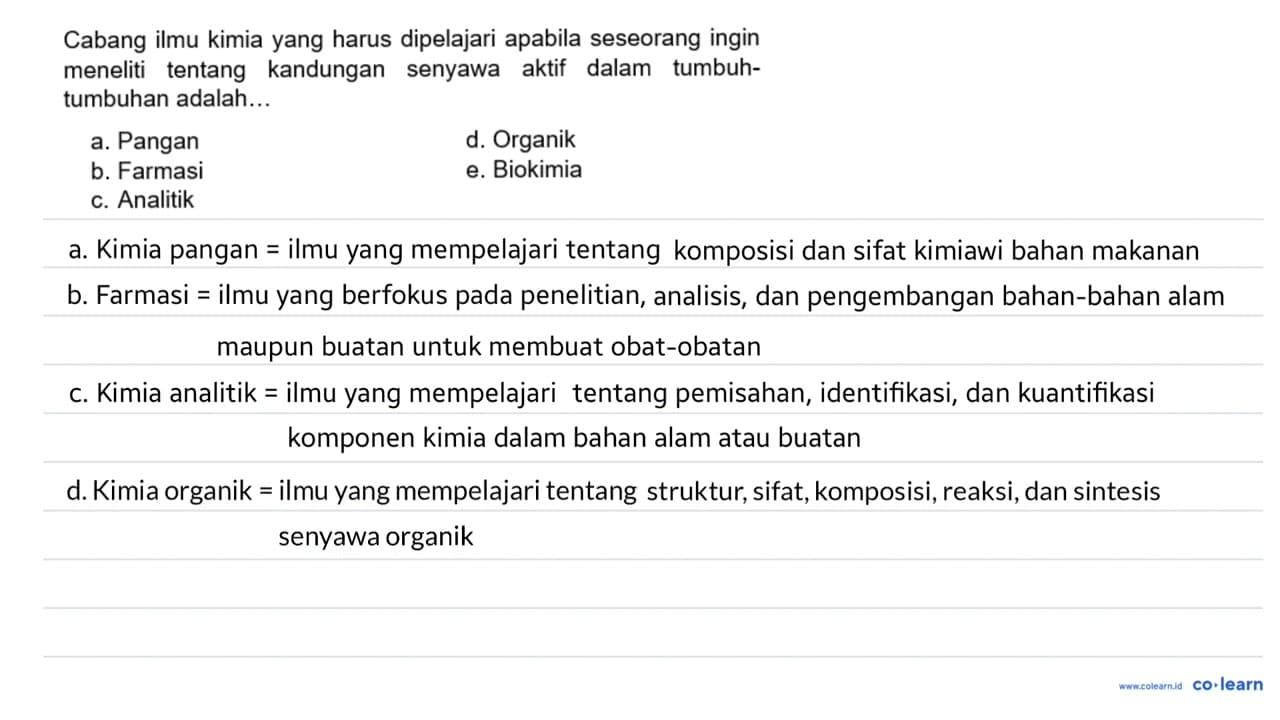 Cabang ilmu kimia yang harus dipelajari apabila seseorang