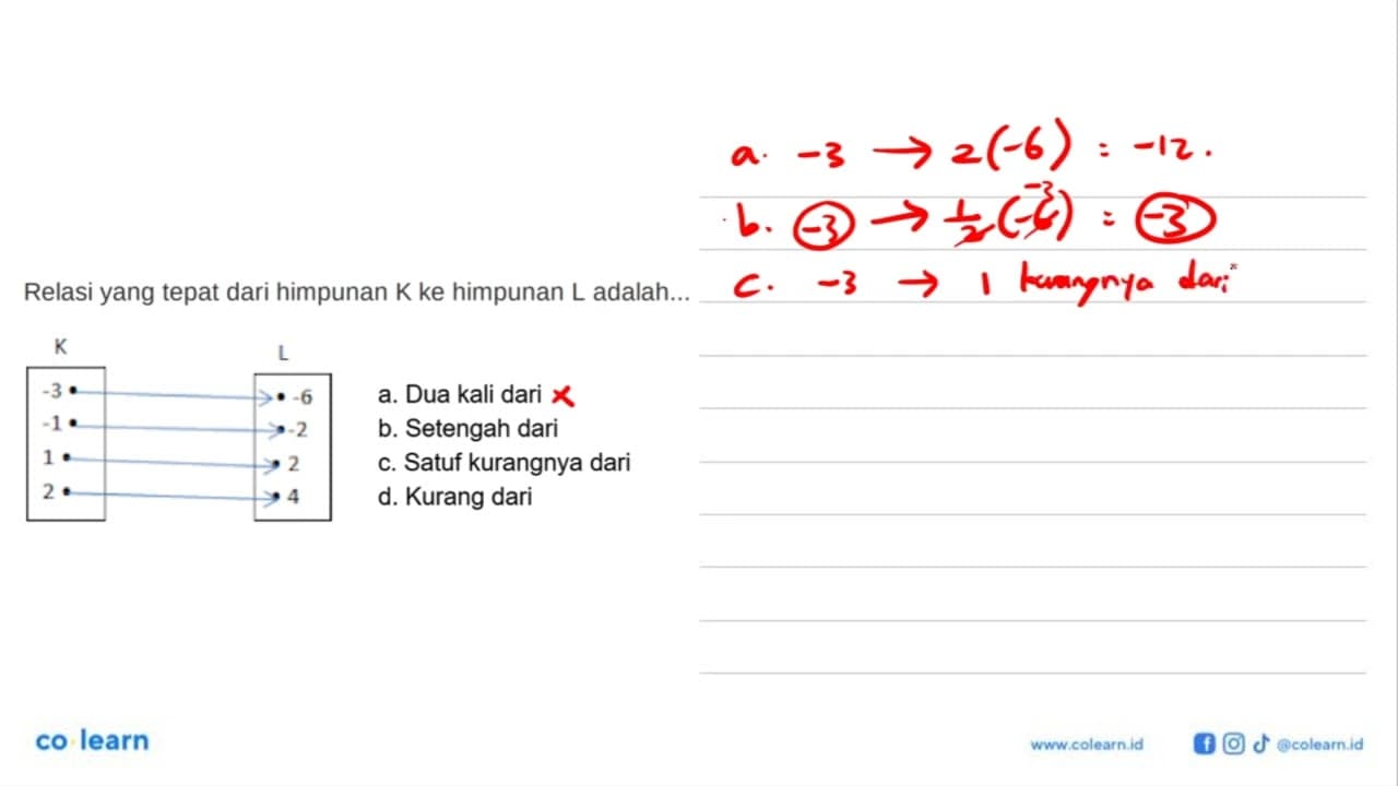 Relasi yang tepat dari himpunan K ke himpunan L adalah .