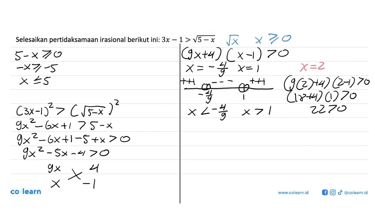 Selesaikan pertidaksamaan irasional berikut ini: 3x - 1