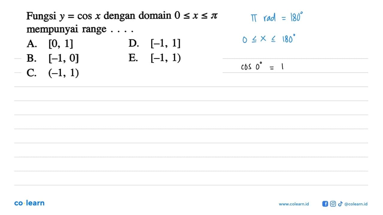 Fungsi y=cos x dengan domain 0<=x<=pi mempunyai range ... .