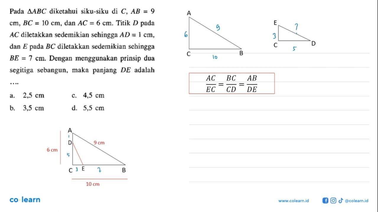 Pada segitiga ABC diketahui siku-siku di C, AB=9 cm, BC=10