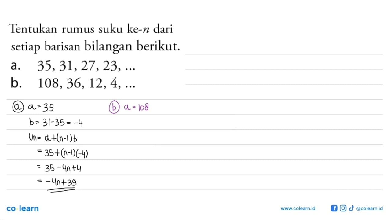 Tentukan rumus suku ke-n dari setiap barisan bilangan