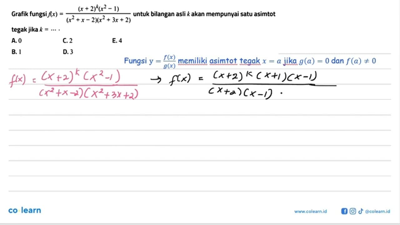 Grafik fungsi f(x)=((x+2)^k(x^2-1))/((x^2+x-2)(x^2+3x+2))