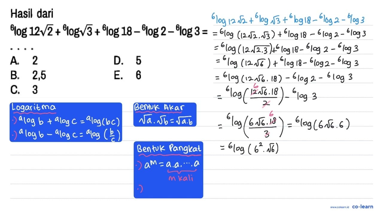 Hasil dari 6 log 12 akar(2) + 6 log akar(3) + 6 log 18 - 6