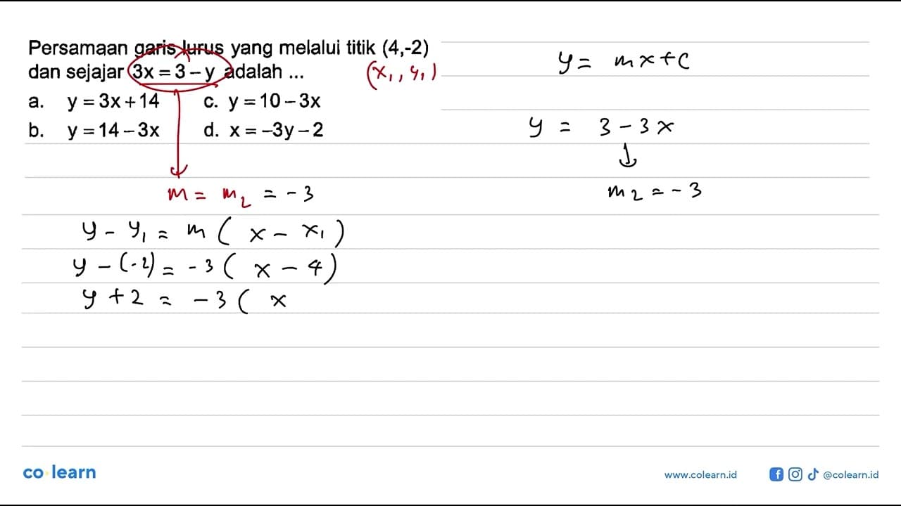 Persamaan garis lurus yang melalui titik (4,-2) dan sejajar