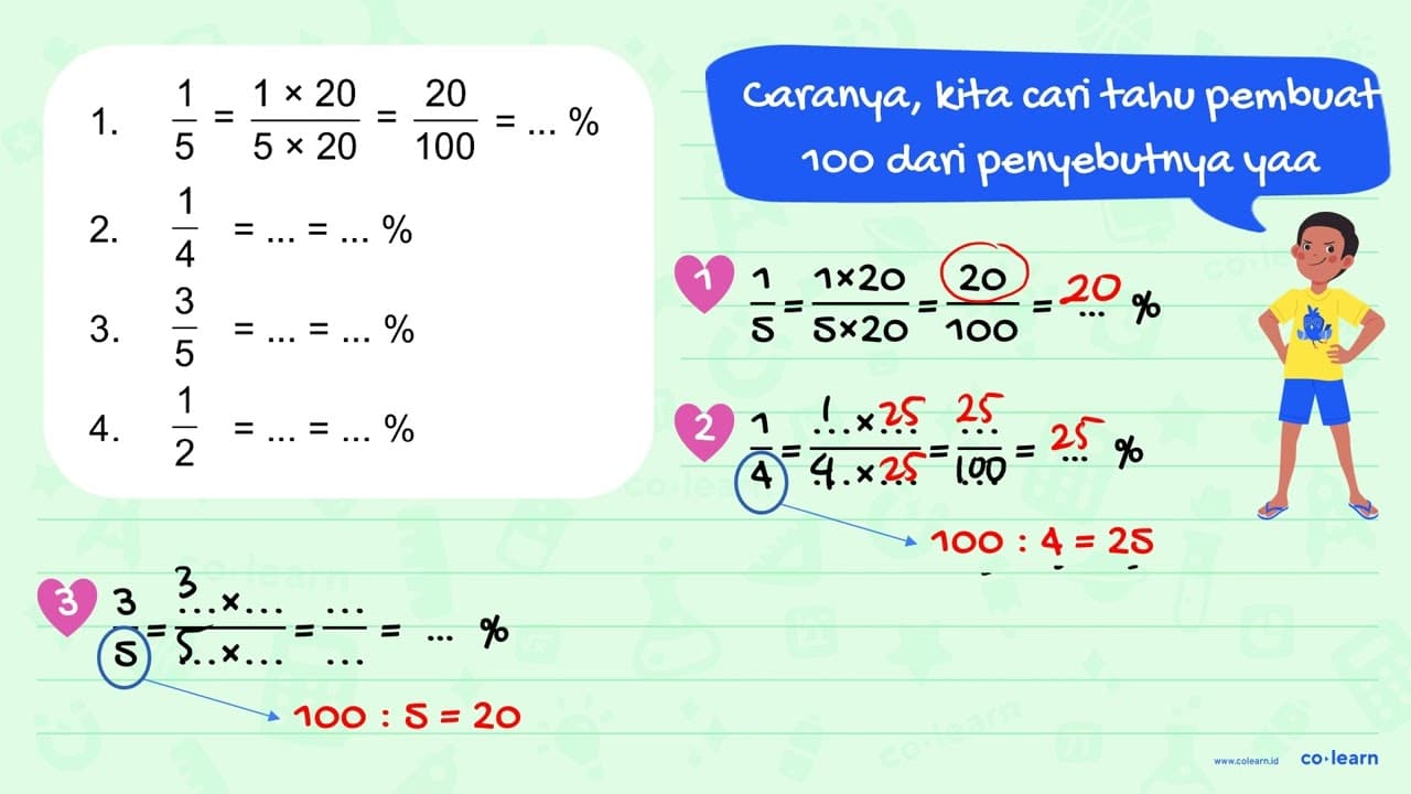 1. 1/5 = 1x20/5x20 = 20/100 = ... % 2. 1/4 = ... = ... % 3.