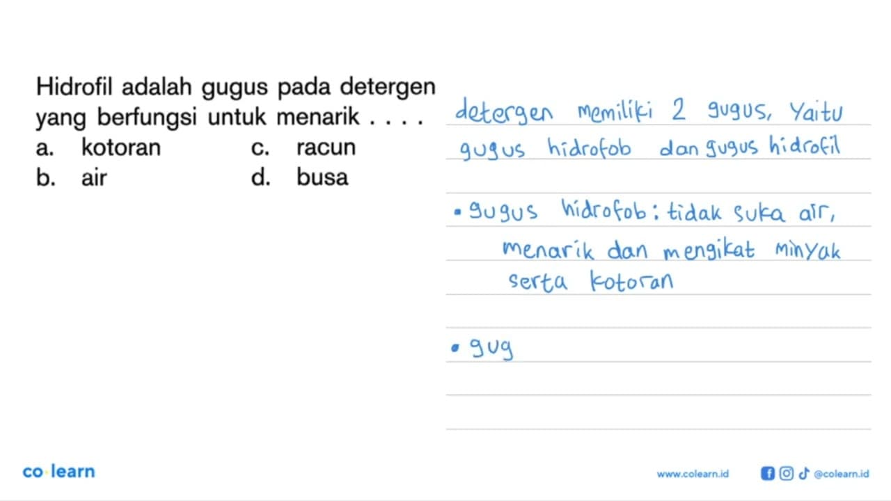 Hidrofil adalah gugus pada detergen yang berfungsi untuk