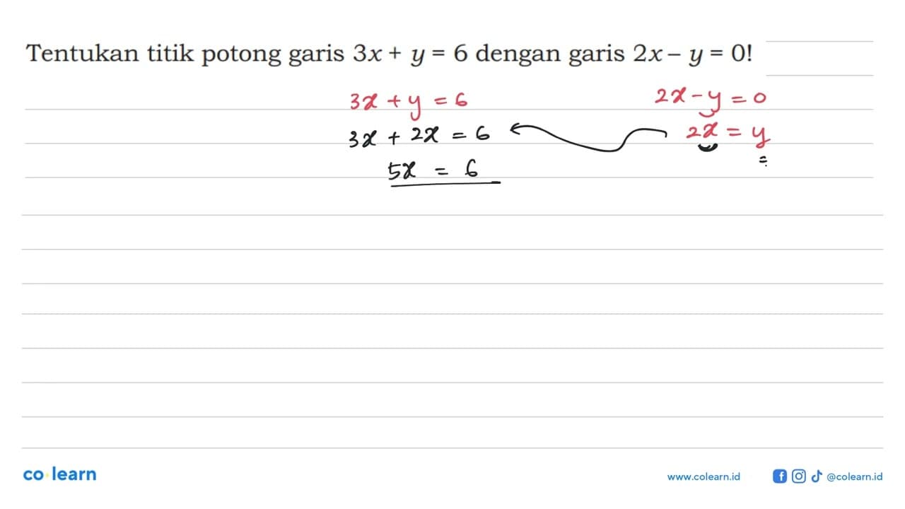 Tentukan titik potong garis 3x+y=6 dengan garis 2x-y=0!