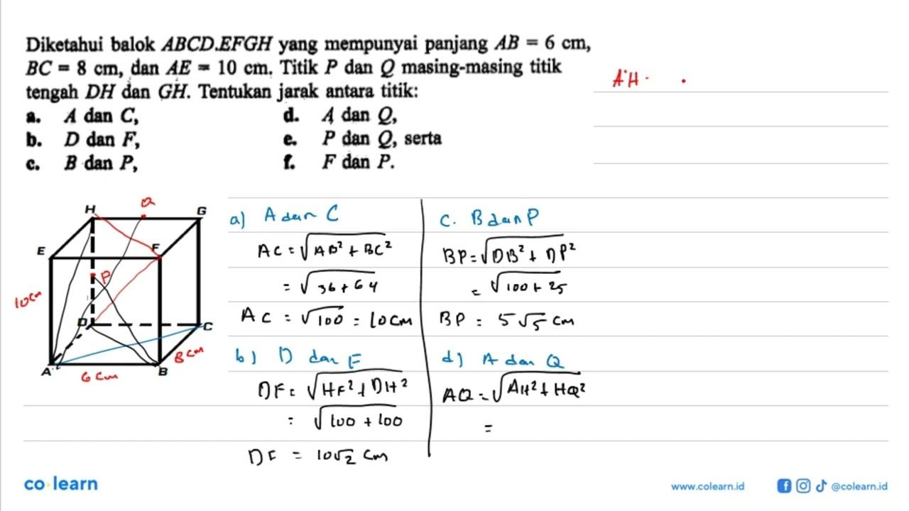 Diketahui balok ABCD.EFGH yang mempunyai panjang AB=6 cm,