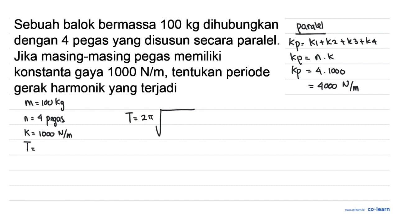 Sebuah balok bermassa 100 kg dihubungkan dengan 4 pegas