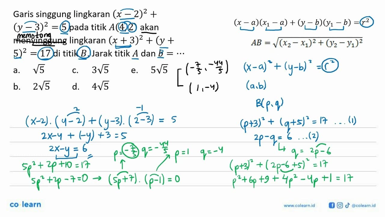 Garis singgung lingkaran (x-2)^2+ (y-3)^2=5 pada titik