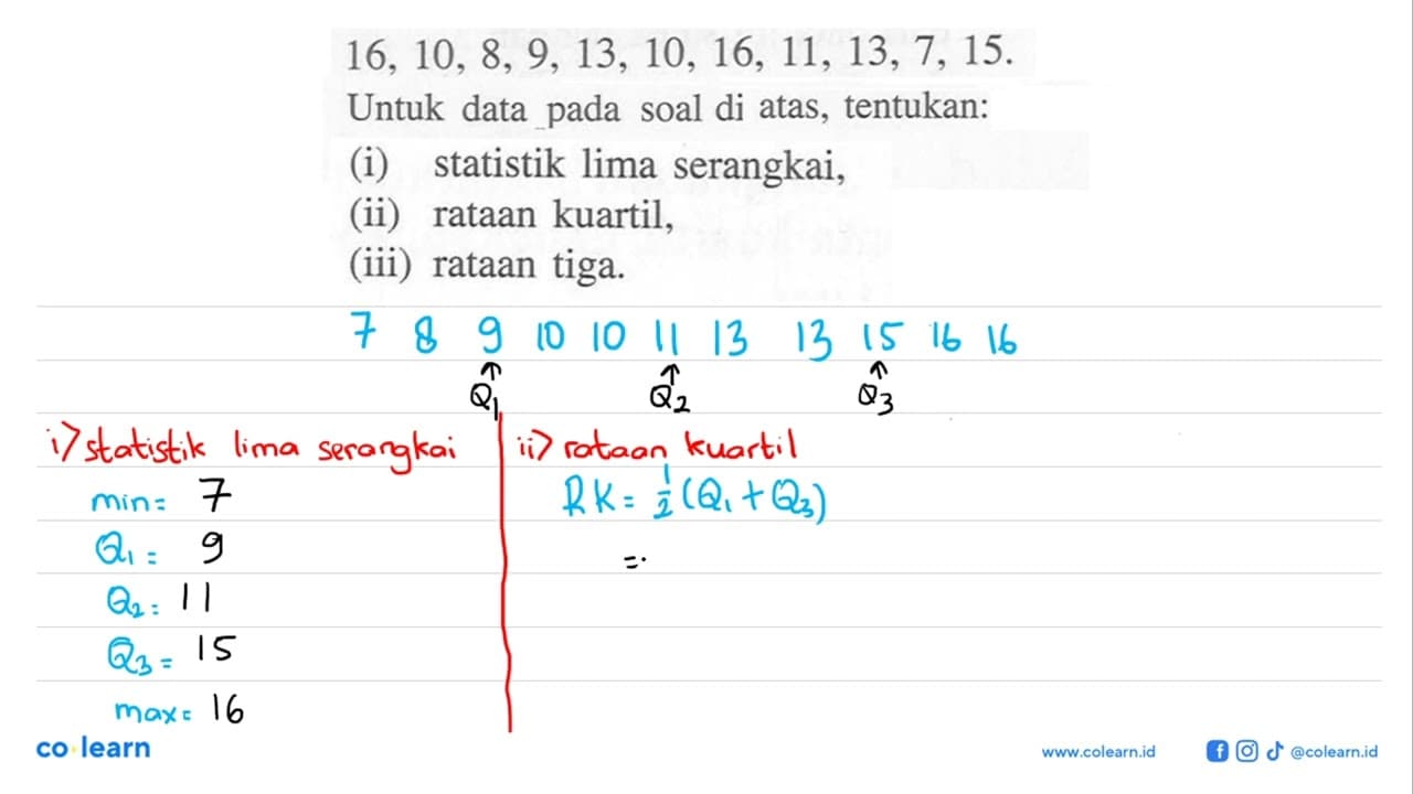 16, 10, 8, 9, 13, 10, 16, 11, 13, 7, 15. Untuk data pada