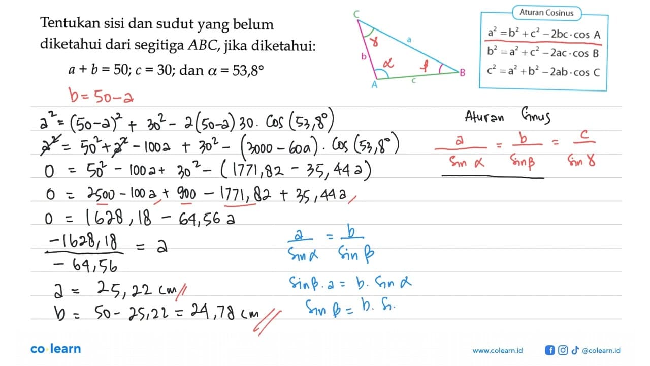 Tentukan sisi dan sudut yang belum diketahui dari segitiga