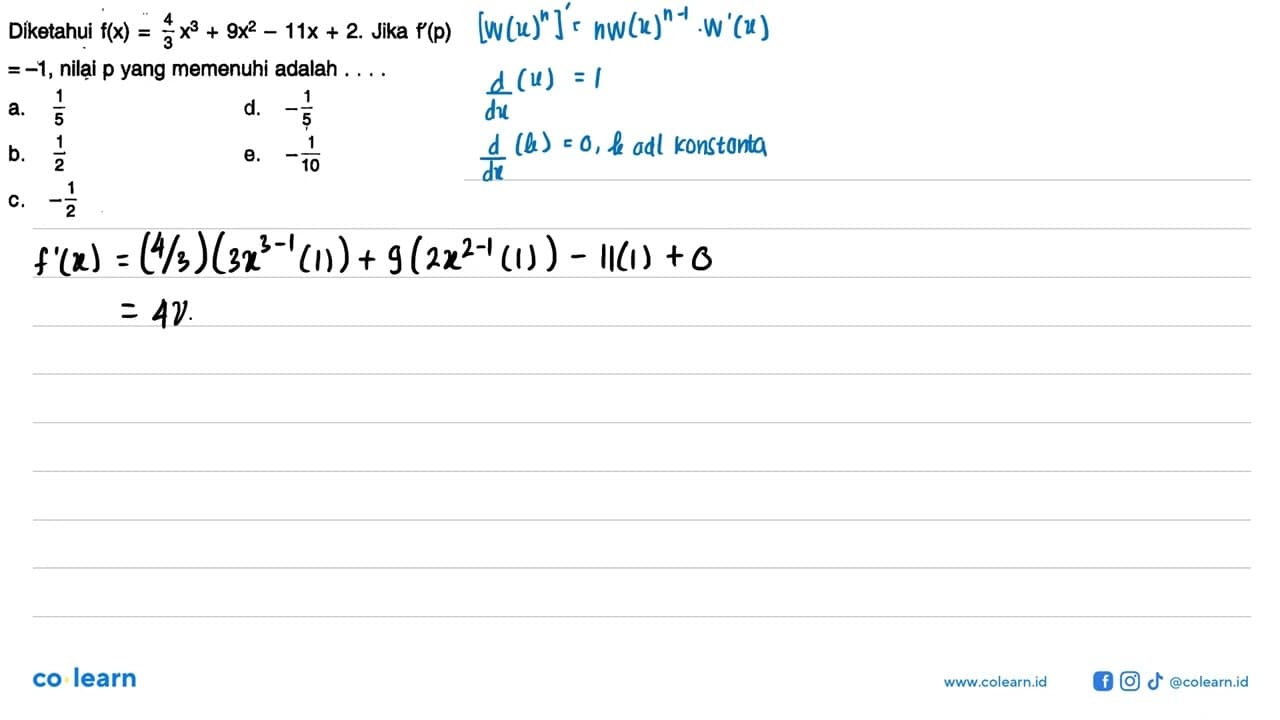 Diketahui f(x)=4/3 x^3+9x^2-11x+2. Jika f(p)=-1, nilai p