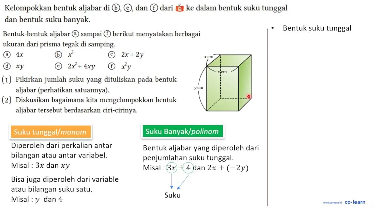 Kelompokkan bentuk aljabar di (b), (e), dan (f) dari Q ke