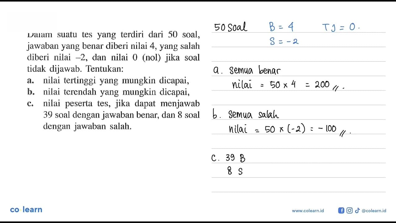 Dalam suatu tes yang terdiri dari 50 soal, jawaban yang