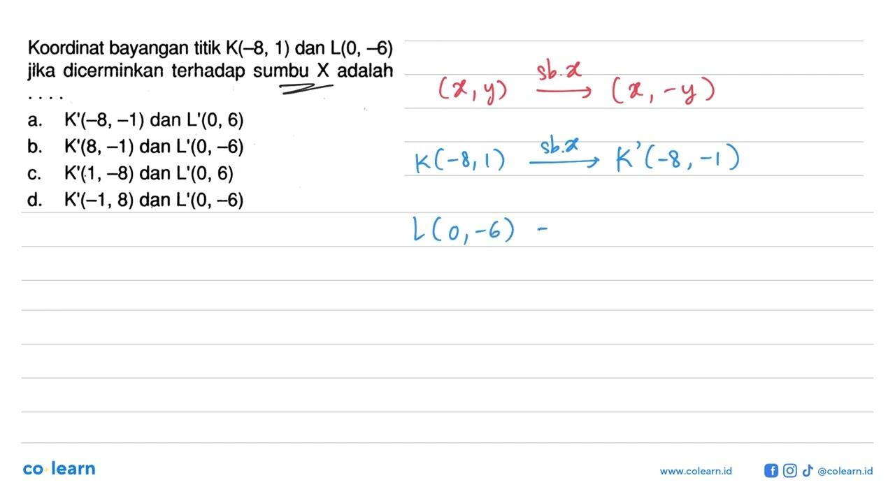 Koordinat bayangan titik K(-8,1) dan L(0,-6) jika
