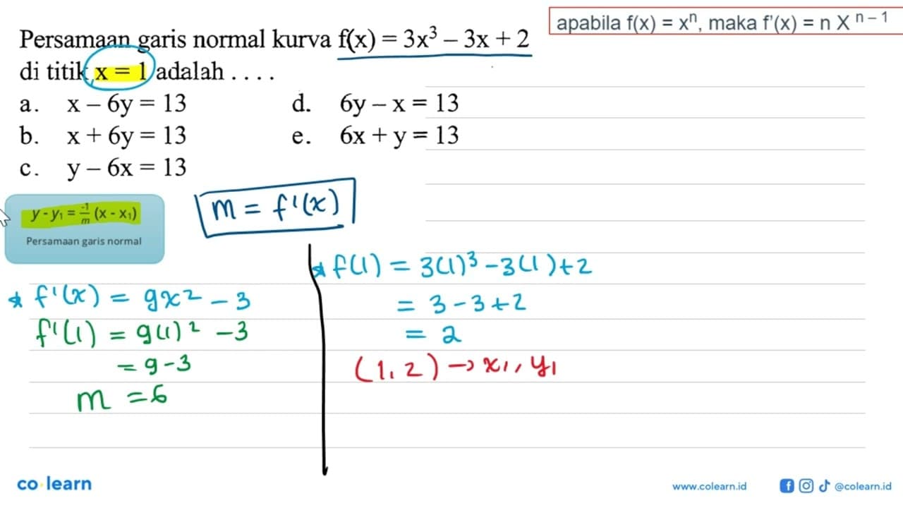 Persamaan garis normal kurva f(x)=3x^3-3x+2 di titik x=1