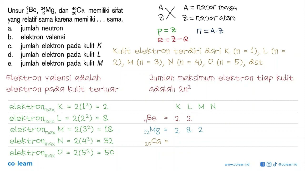 Unsur 9 4 Be 22 12 Mg, dan 40 20 Ca memiliki sifat yang