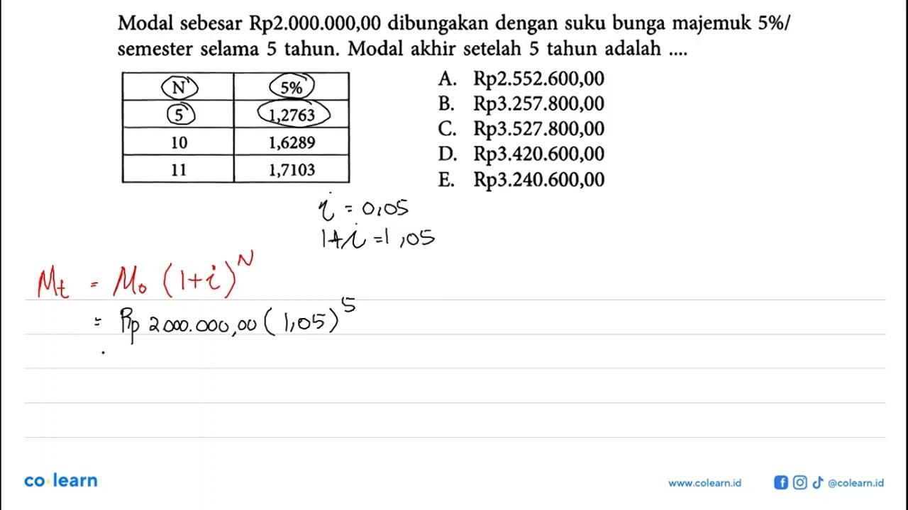 Modal sebesar Rp2.000.000,00 dibungakan dengan suku bunga