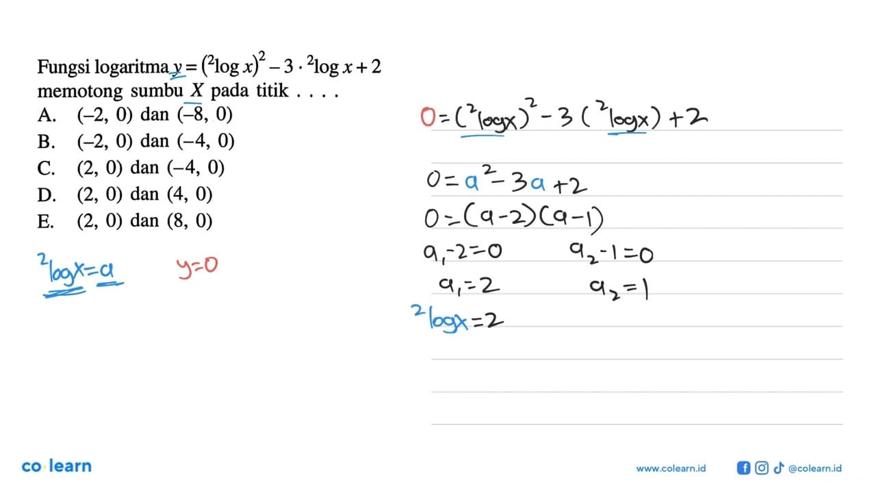 Fungsi logaritma y=(2logx)^2-3. 2log x + 2 memotong sumbu X