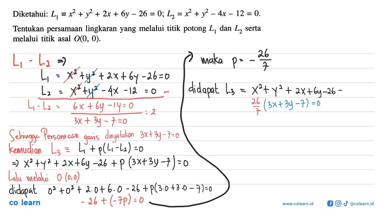 Diketahui: L1 ekuivalenx^2+y^2+2 x+6 y-26=0 ; L2=x^2+y^2-4