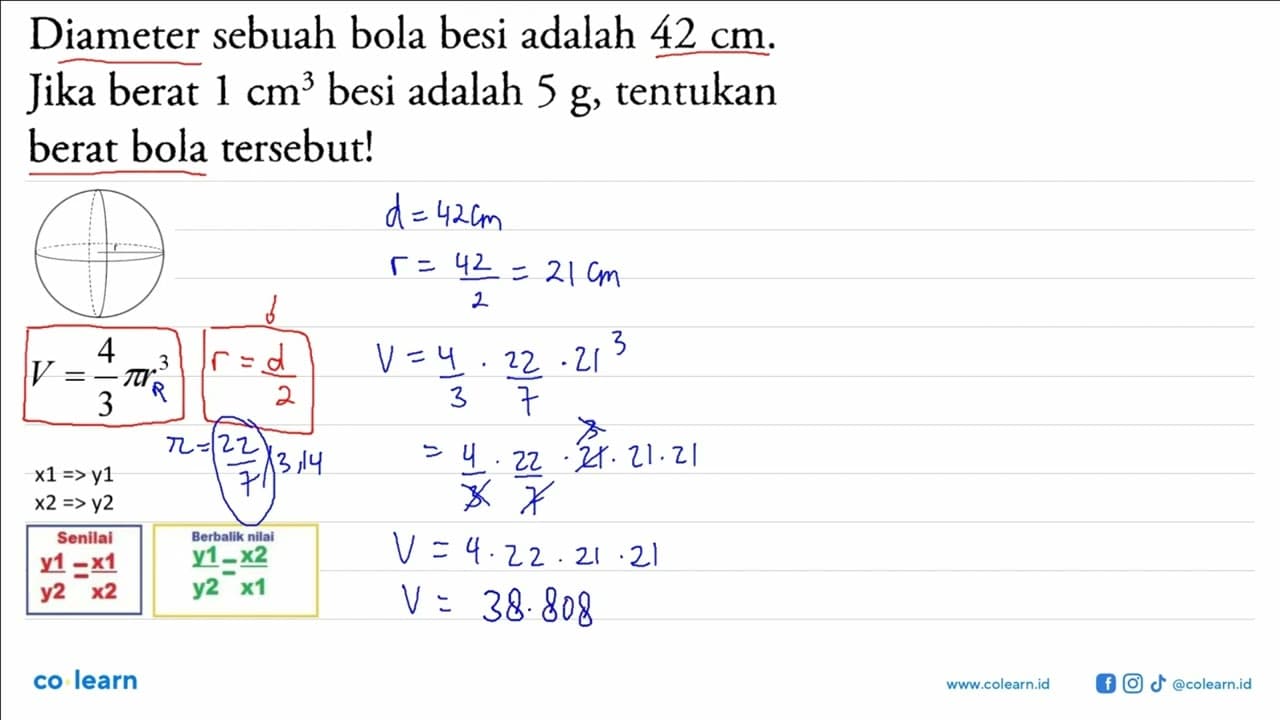 Diameter sebuah bola besi adalah 42 cm. Jika berat 1 cm^3