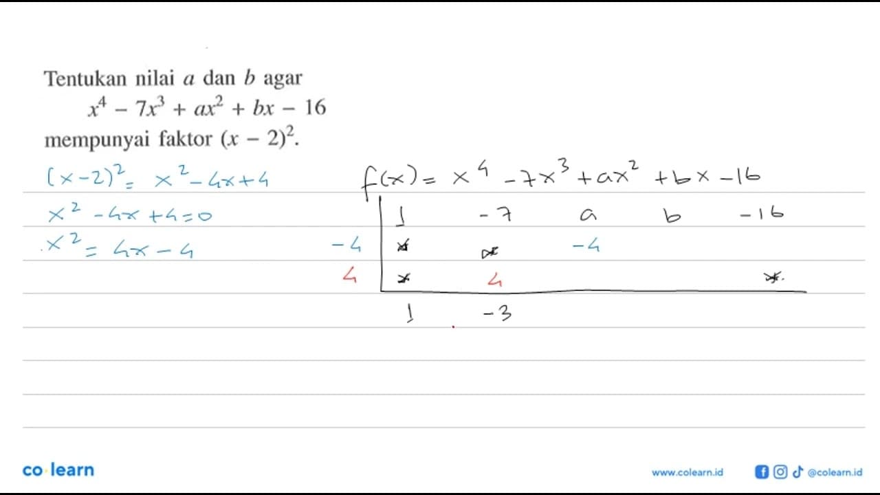 Tentukan nilai a dan b agar x^4-7x^3+ax^2+bx-16 mempunyai