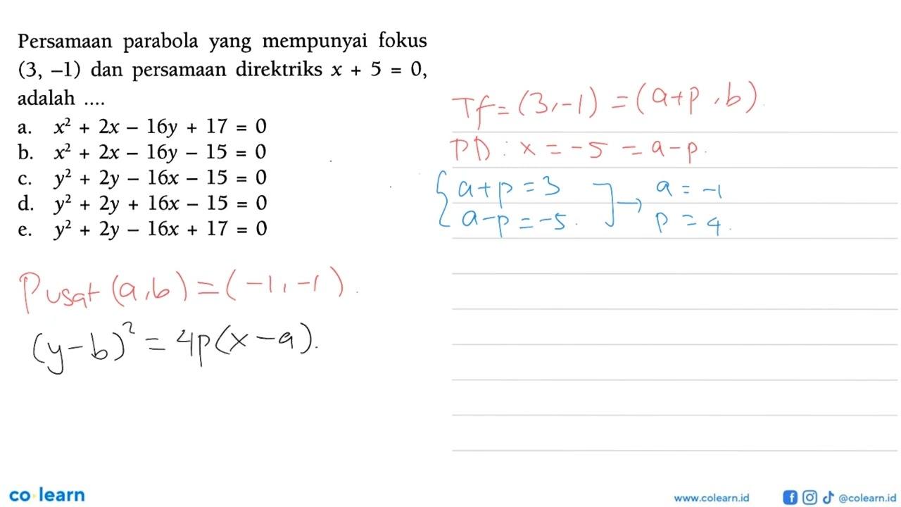 Persamaan parabola yang mempunyai fokus (3, -1) dan